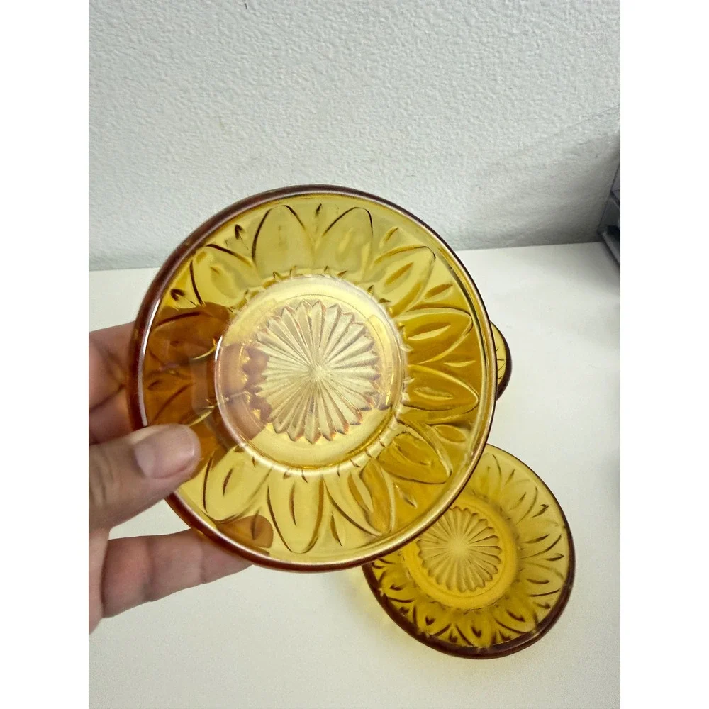 Vintage Amber Glass Coasters Starburst Petal Sunburst Butter Pats Set of 4